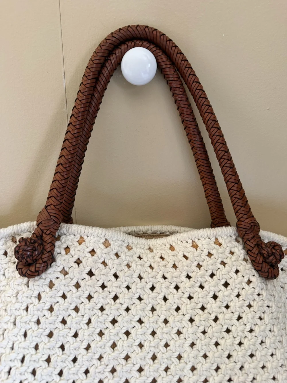 Ralph Lauren Cream Crochet Tote Bag with Brown Rope Handles